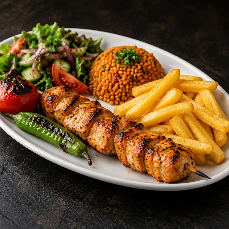 Assiette brochette de poulet grillé, frites, boulgour, salade, tomate et piment vert
