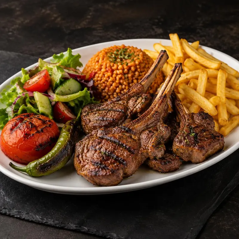 Assiette côtelettes d'agneau grillées, frites, boulgour, salade et tomate grillée
