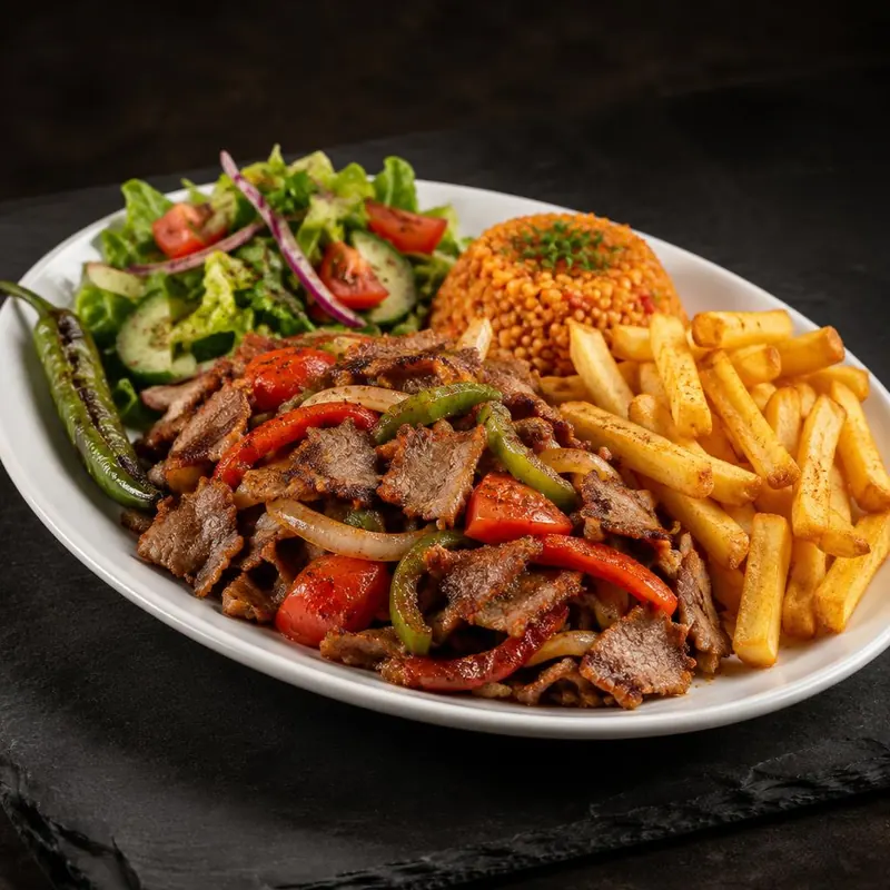 Assiette kebab légumes : viande kebab poêlée aux poivrons et oignons, frites, boulgour et salade