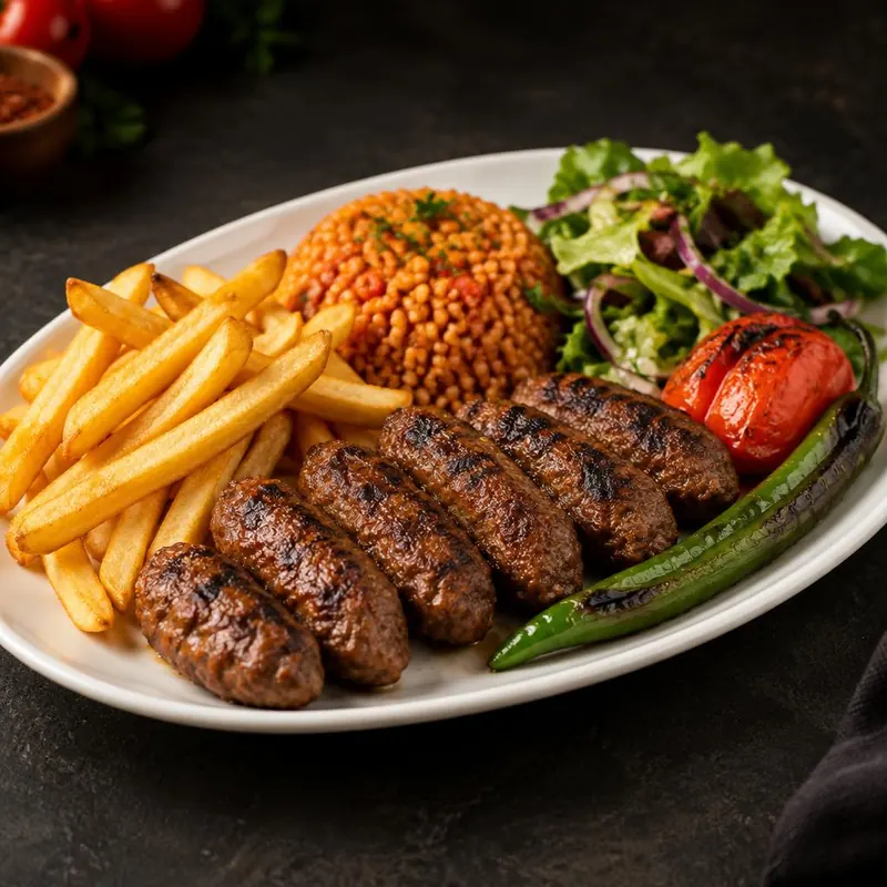 Assiette köfte : boulettes de viande grillées, frites, boulgour et salade