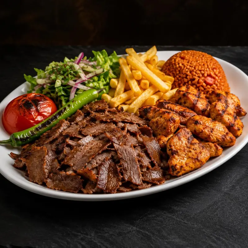 Assiette spéciale : viande kebab et poulet grillé, frites, boulgour, salade et piment vert