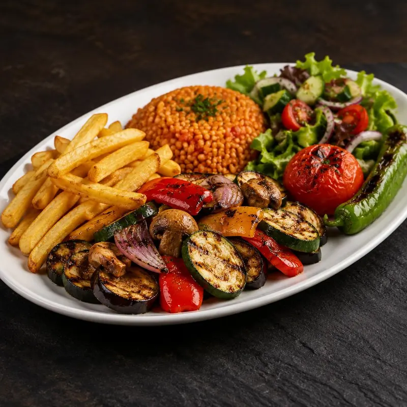 Assiette végétarienne : légumes grillés, frites, boulgour à la tomate et salade