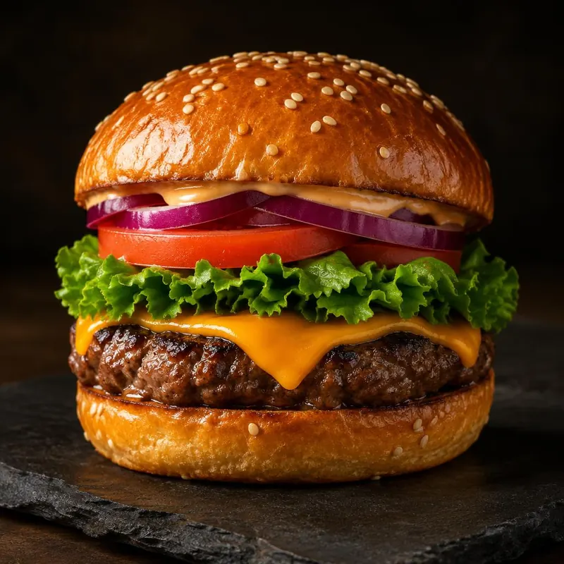 Burger maison : steak, cheddar, salade, tomate et oignon rouge dans un pain brioché au sésame