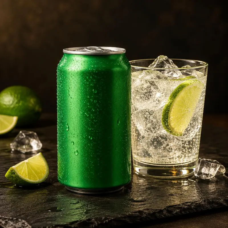 Canette de soda citron-citron vert 33 cl et verre avec glaçons