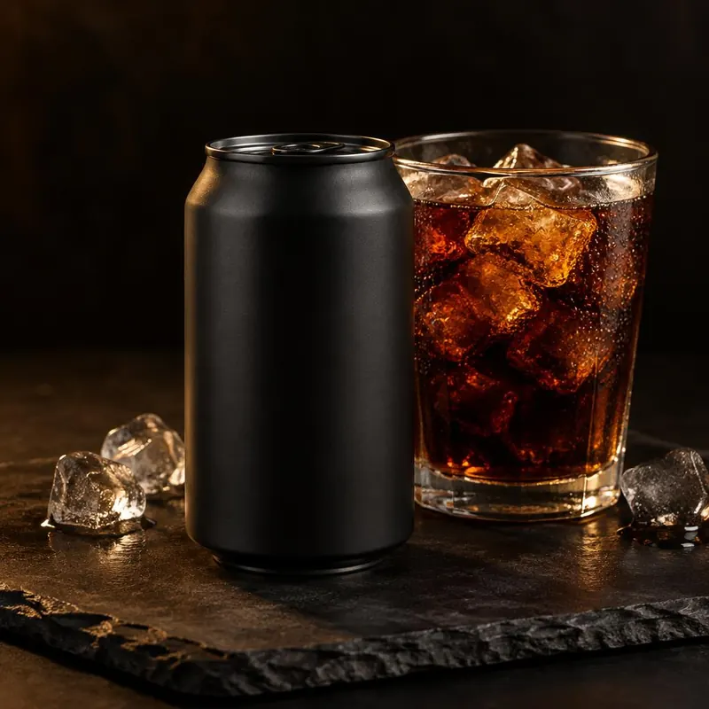 Canette de cola zéro 33 cl et verre avec glaçons