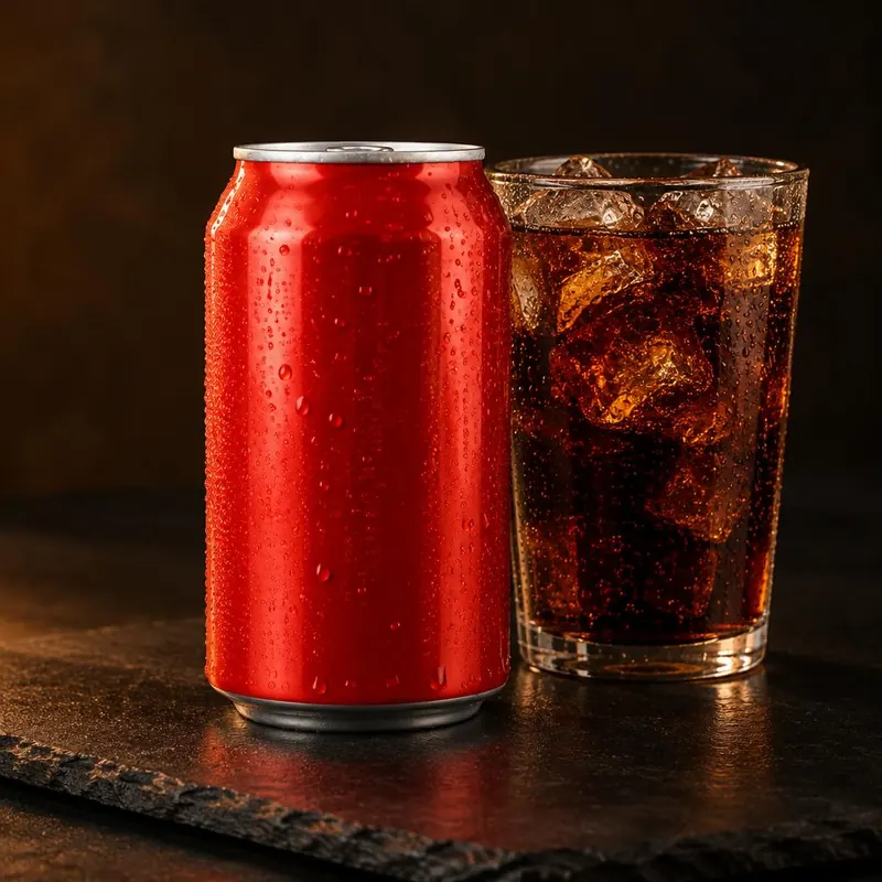 Canette de cola 33 cl et verre de cola avec glaçons