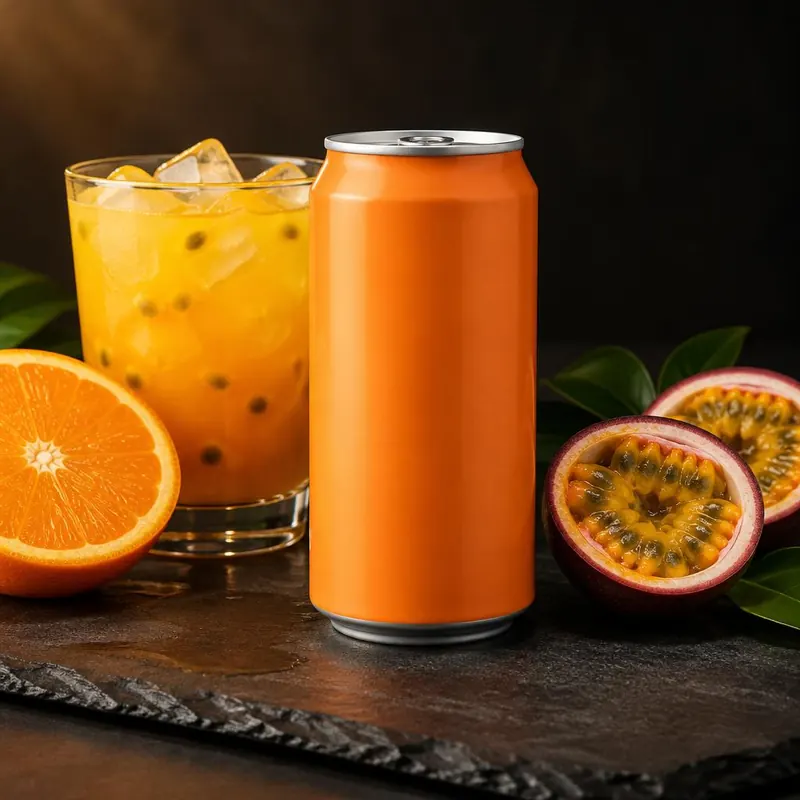 Canette de boisson aux fruits 33 cl et verre avec glaçons