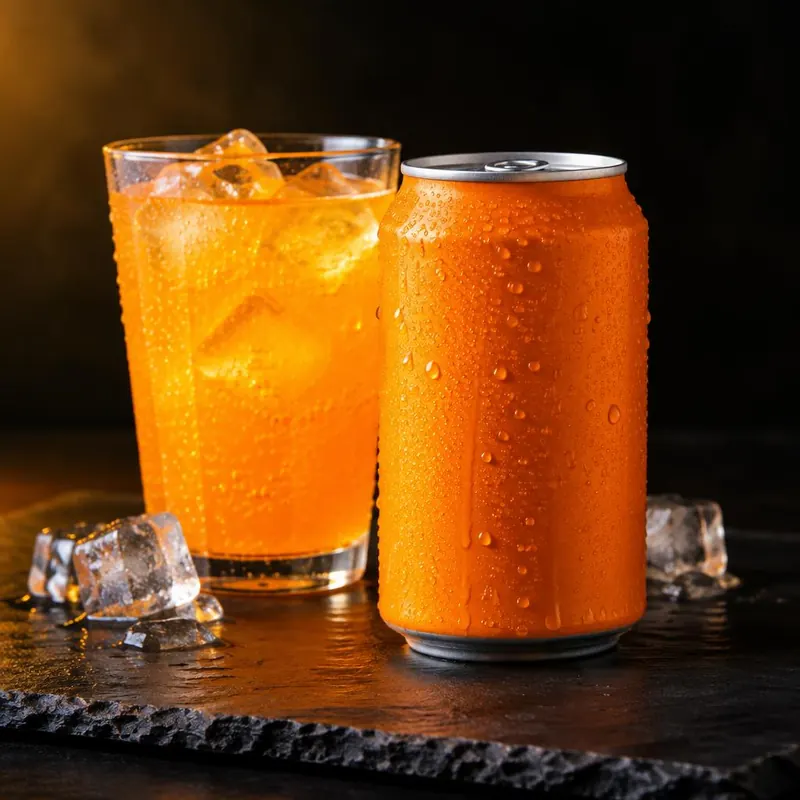 Canette de soda à l'orange 33 cl et verre avec glaçons