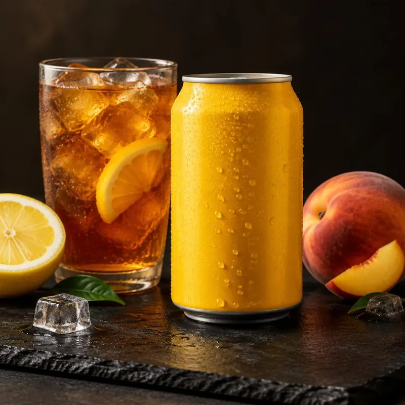 Canette de thé glacé 33 cl et verre avec glaçons et citron