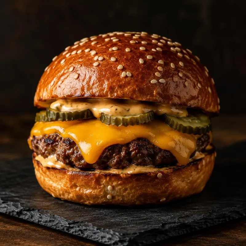 Cheeseburger maison : steak grillé, cheddar fondu et cornichons dans un pain brioché au sésame