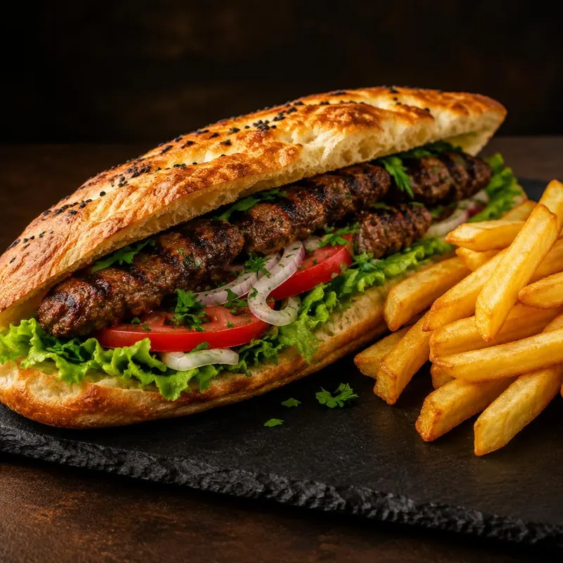 Sandwich köfte en pain turc : boulettes allongées grillées, salade, tomate et oignon, avec frites