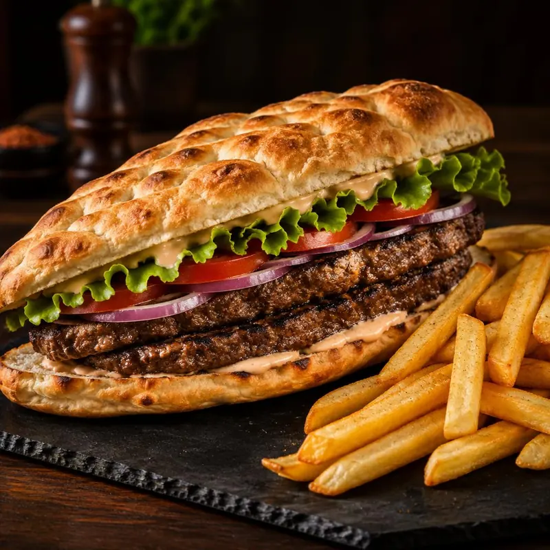 Sandwich steak en pain turc : deux steaks hachés grillés, salade, tomate et oignon, avec frites