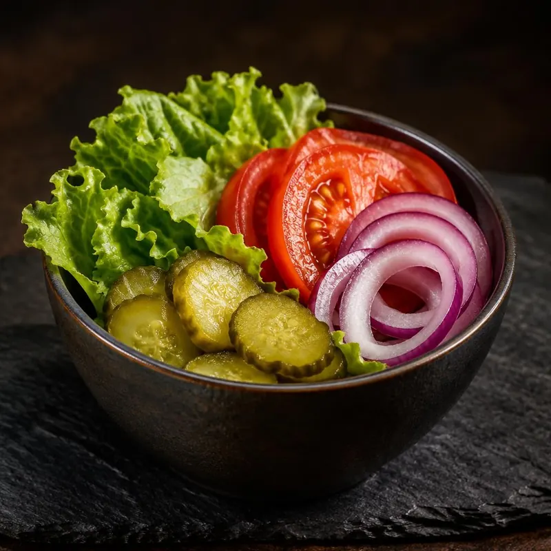 Supplément légumes : salade, tomate, oignon rouge et cornichons