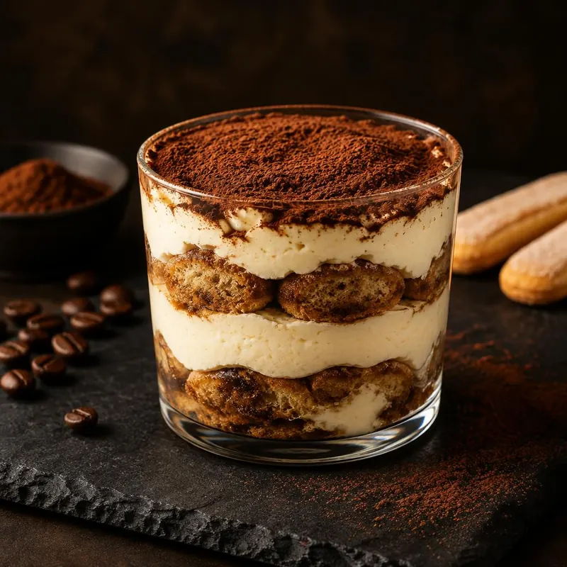 Tiramisu en verrine saupoudré de cacao